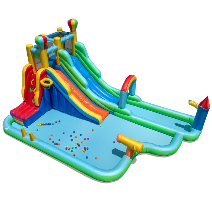 Twin-slide inflatable water park without blower; play balls and rings pictured are not included