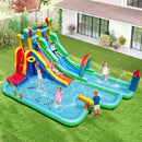 Twin slides with a large splash pool, narrow landing pool and water cannon