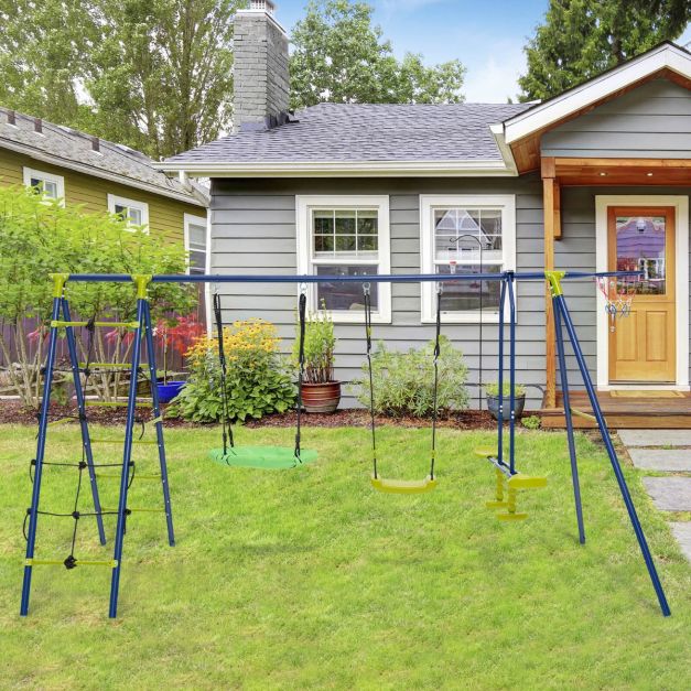 Unoccupied Green six-activity outdoor swing set