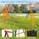 Unoccupied Red six-activity outdoor swing set and frame details