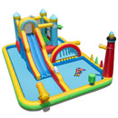 Inflatable water park with long slide, jumping area, tunnel and pools; blower, balls and rings not included