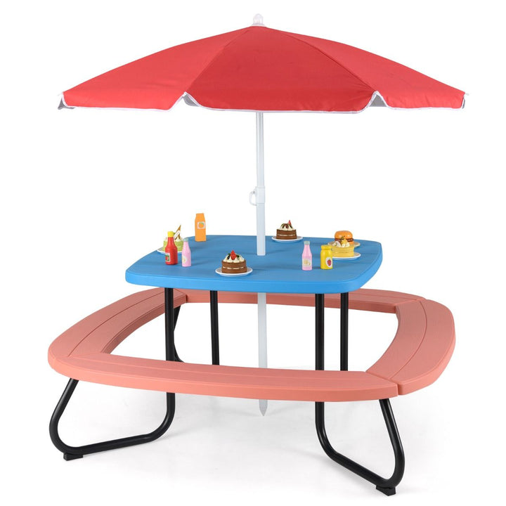 Blue tabletop, coral-pink benches and red umbrella