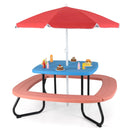 Blue tabletop, coral-pink benches and red umbrella