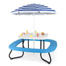 White tabletop, blue benches and striped umbrella