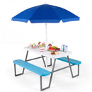 Kids HDPE picnic table with benches and umbrella, blue option with food styling props (not included)