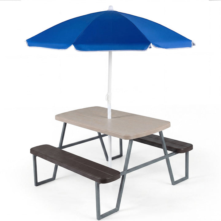Kids HDPE picnic table with benches and umbrella, brown option