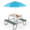Kids HDPE picnic table with benches and umbrella, green option with food styling props (not included)