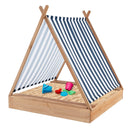 Natural wooden sandpit with striped tent canopy