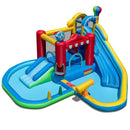 Reverse view of the inflatable castle, climbing wall, curved slide and splash pools