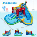 Inflatable water park dimensions: 477 by 465 by 258 cm; jumping area 160 by 150 by 127 cm