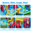Separate views of the slide, splash pool, water cannon, ring-toss posts, ball pit, bounce area, basketball rim and climbing wall