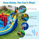 Setup details for positioning, connecting a separate blower, fitting the hose and securing ground stakes