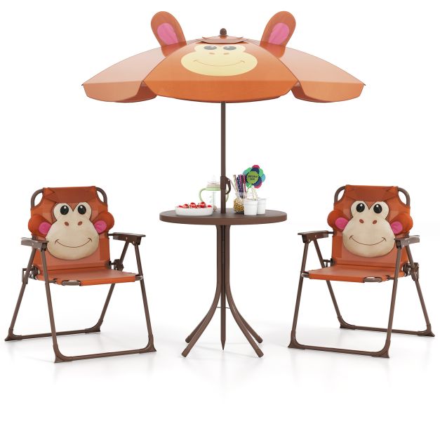 Brown monkey kids picnic set with table, two folding chairs and umbrella, view 1