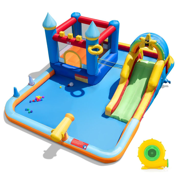 Rainbow castle inflatable water park with a slide, bounce area, splash pool and included 680W blower