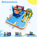 Inflatable water park dimensions 490 by 360 by 210 cm, with a 140 by 140 cm bounce area