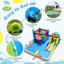 Setup steps: unfold the castle, secure the air vent, connect the blower and fit the water hose