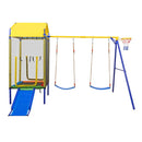 Front view of the twin swings, enclosed trampoline, slide and hoop