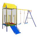 Yellow and Blue twin-swing set with enclosed trampoline, roof and slide