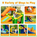 Bouncing area, covered slide, climbing wall, water cannon, football goal, basketball hoop and ring-toss posts