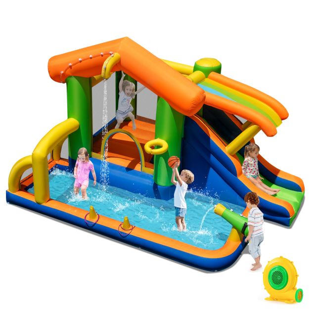 Covered-slide inflatable bounce house with the included 550W blower package