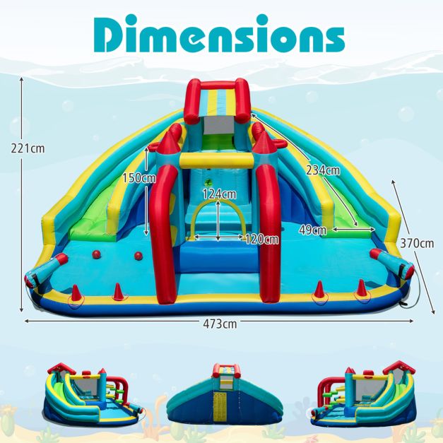 Double-slide inflatable water park dimensions, 473 by 370 by 221 cm