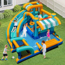 Market-stand water park with curved slide, splash pool and football goal