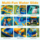 Jumping area, slide, climbing wall, hoop, pool, goal, ring toss, water cannon and snack counter