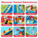 Slide, climbing wall, boxing post, basketball hoop, target game, ramp, ring toss, water cannon and pool