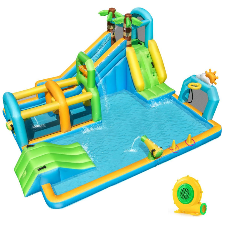 Tropical inflatable water park with palm-tree slide, splash pool, obstacle tunnel and included 680 W blower