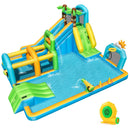 Tropical inflatable water park with palm-tree slide, splash pool, obstacle tunnel and included 680 W blower