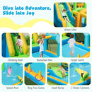Separate views of slide, climbing wall, basketball rim, football target, splash pool, ring-toss posts, small ramp and water cannons