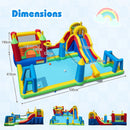 Water park dimensions 500 by 410 by 190 cm, bounce area 143 by 140 cm and slide surface 170 by 46 cm