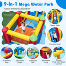 Separate activity views of jumping area, slide, climbing wall, punching bag, goals, volleyball net, basketball hoop and water cannon