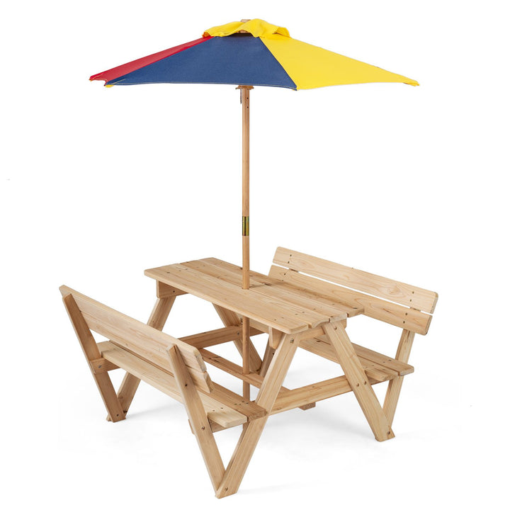 Kids Picnic Table with Backrest Benches and Umbrella, Natural, view 3