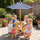 Kids round picnic table with four attached multicoloured stools and blue-striped umbrella, view 1
