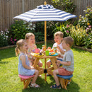 Kids round picnic table with four attached multicoloured stools and blue-striped umbrella, view 2