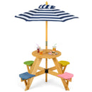Kids round picnic table with four attached multicoloured stools and blue-striped umbrella, view 3