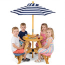 Kids round picnic table with four attached multicoloured stools and blue-striped umbrella, view 4