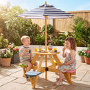 Kids round picnic table with four attached multicoloured stools and blue-striped umbrella, view 6