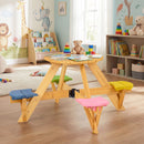 Kids round picnic table with four attached multicoloured stools and blue-striped umbrella, view 7