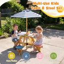 Kids round picnic table with four attached multicoloured stools and blue-striped umbrella, view 9