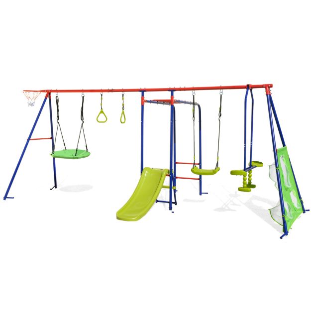 Multicolour eight-activity outdoor swing and slide set
