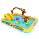 Animal wading pool with yellow slide, monkey sprayer and included play accessories