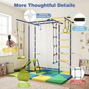 Wall-mounted gym with adjustable swing ropes, net, grip covers and coloured ladder rungs