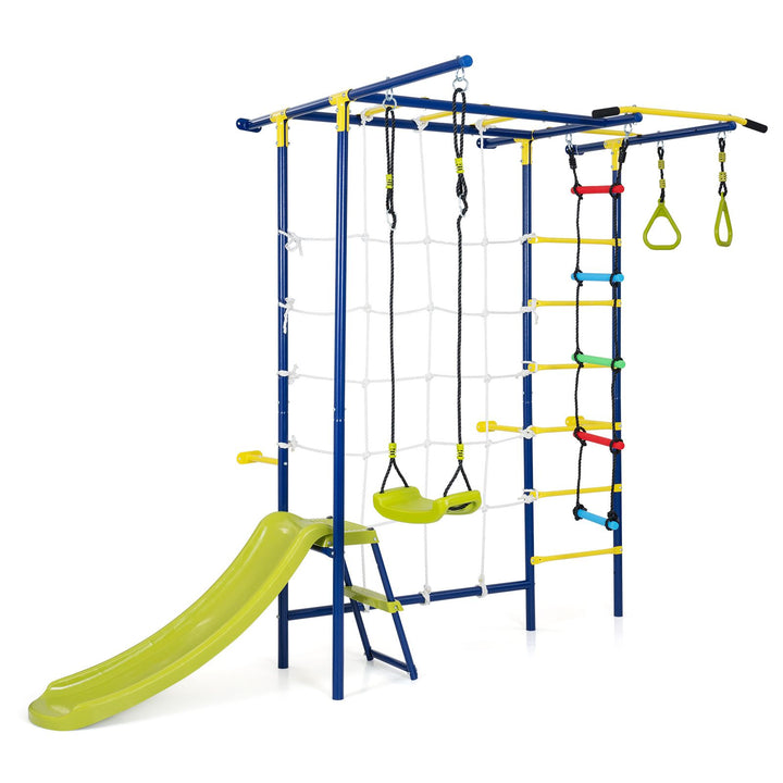 Multicolour metal jungle gym with slide and swing; wall installation required