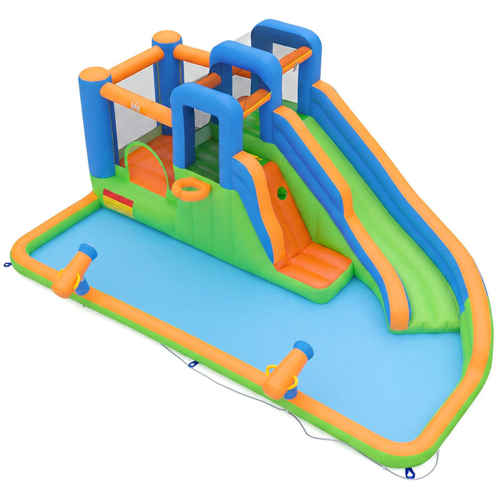 Inflatable water park with long slide, two climbing walls, splash pool and two water cannons; blower excluded