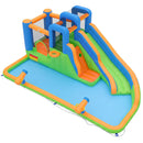 Inflatable water park with long slide, two climbing walls, splash pool and two water cannons; blower excluded