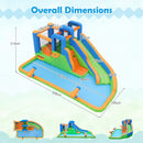 Water park dimensions 508 by 295 by 214 cm, slide 278 by 49 cm and jumping area 126 by 117 cm