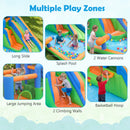 Separate activity views of long slide, splash pool, water cannons, jumping area, climbing walls and basketball hoop