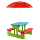 Blue tabletop and red benches on a green base with a red umbrella